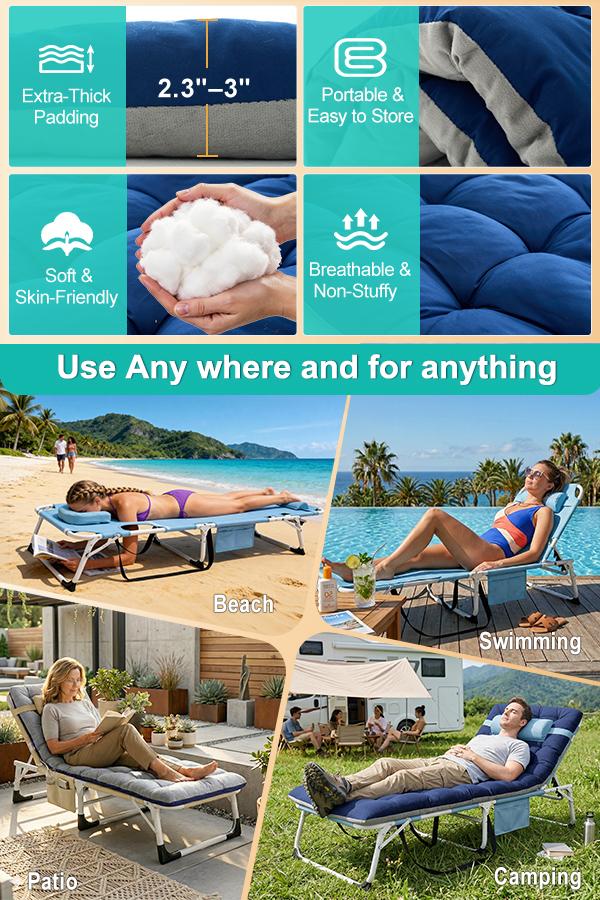 DoCred Sun Tanning Chair with Mat, 3N1 Deluxe Heavy Duty 5-Position Adjustable Beach Chair, Oversized Folding Chaise Poolside Lounge Chair for Indoor, Outdoor Sunbathing, Lawn, Patio, Camping, Beach,summerwins