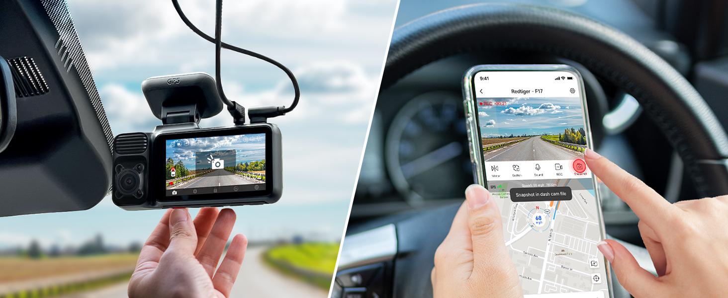 REDTIGER F17 4K 3-Channel Dash Cam with 5GHz WiFi GPS, 64GB Card, 2160P+1080P+1080P Cameras, IR Night Vision, Parking Mode, Car rvibes, Car VLOG, Summervibes