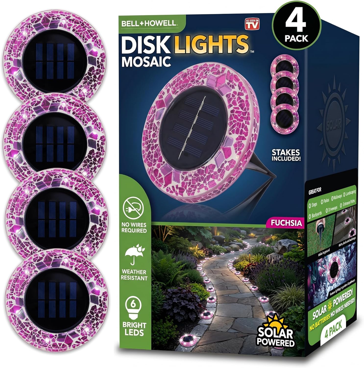 4 Pk Solar Lights Outdoor LED Disk Pathway Lights for Landscape, Yard, Driveway, Patio, Walkway Path, Dusk to Dawn Sensors
