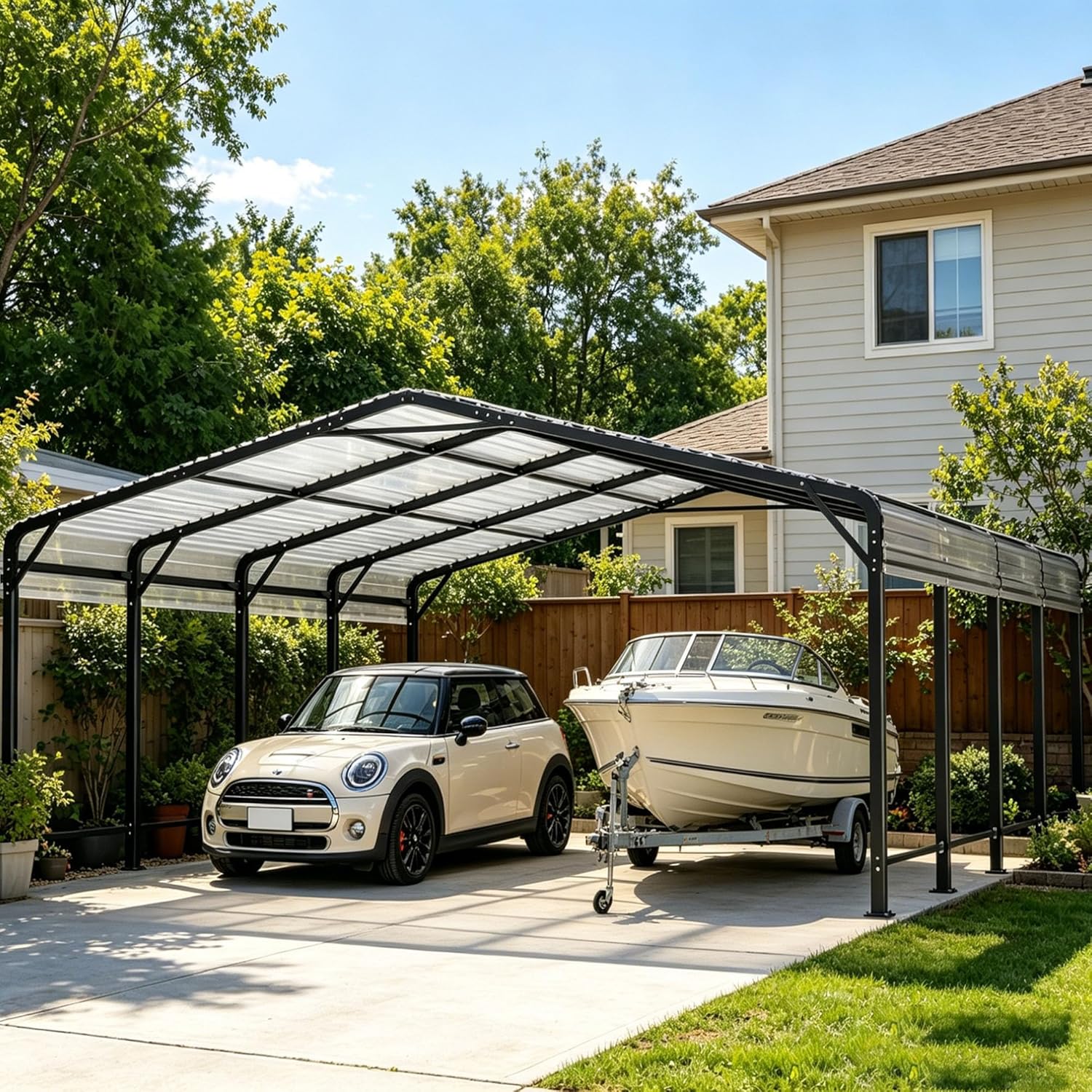 Heavy Duty Car Port Canopy with Reinforced Base and Galvanized Steel Roof & Frame, 2 Car Garage Shelter for Car, Boats and Trucks