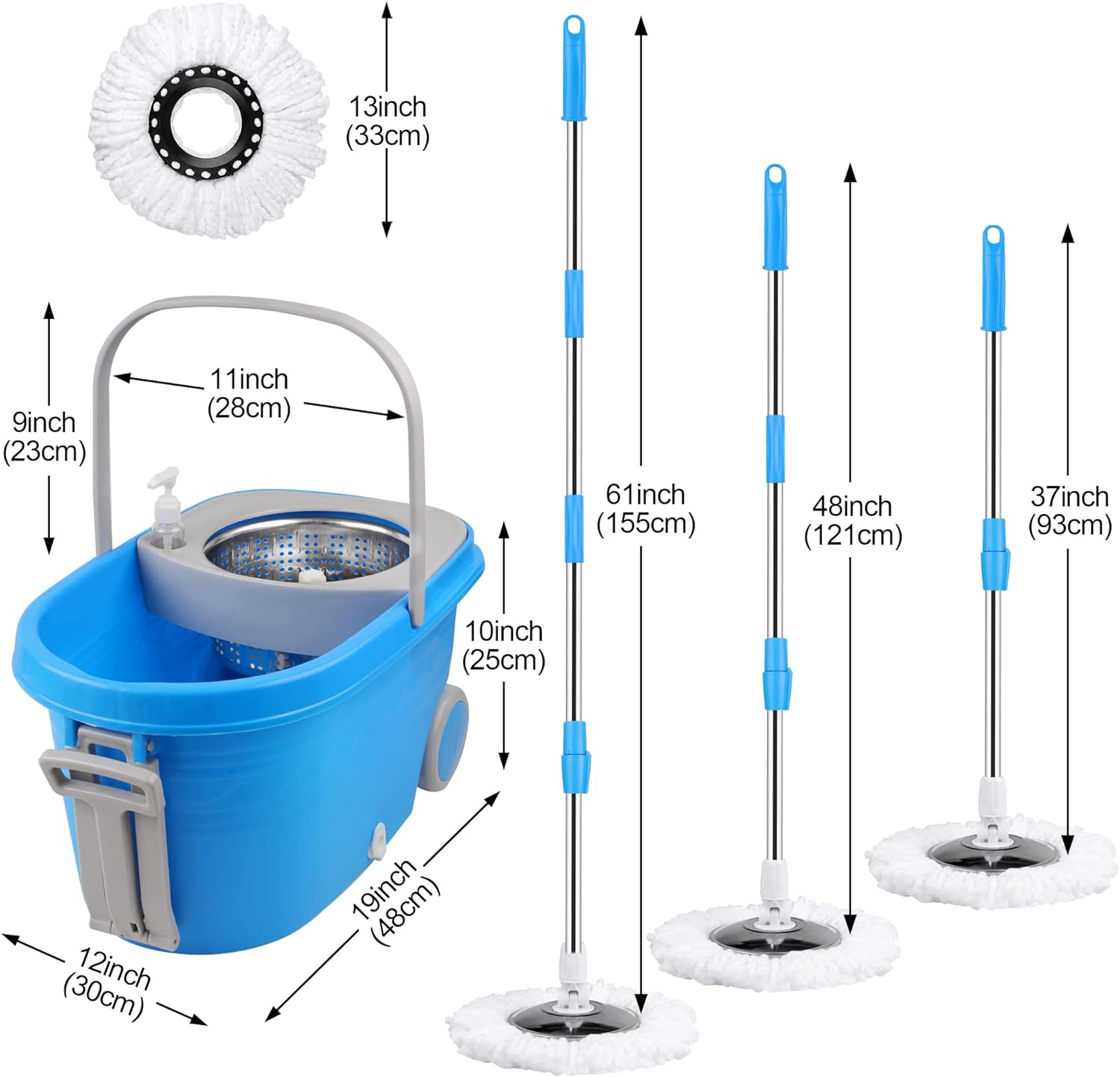 SummerVibes Colorful 360&deg; Spin Mop and Bucket Set with 3 Microfiber Refills 61in Stainless Steel Adjustable Extendable Pole Plastic Bucket for General Cleaning, Gifts for Mother's Day