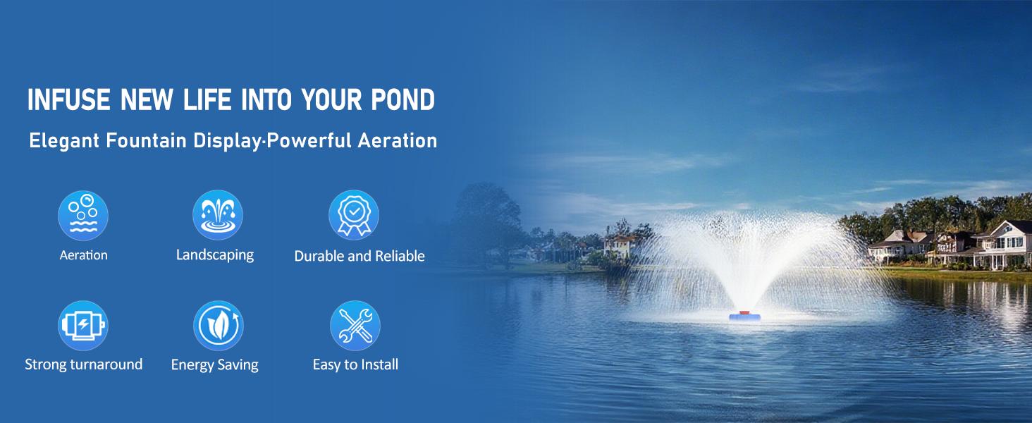 Pond Fountain Aerator  1HP 110V 750W 15000 GPH Floating Fountain Pump with 100 FT Power Cord  2 x 100 FT Rope Timer  Fully Automatic Powerful Aerating Fountain for Larger Ponds, Lakes