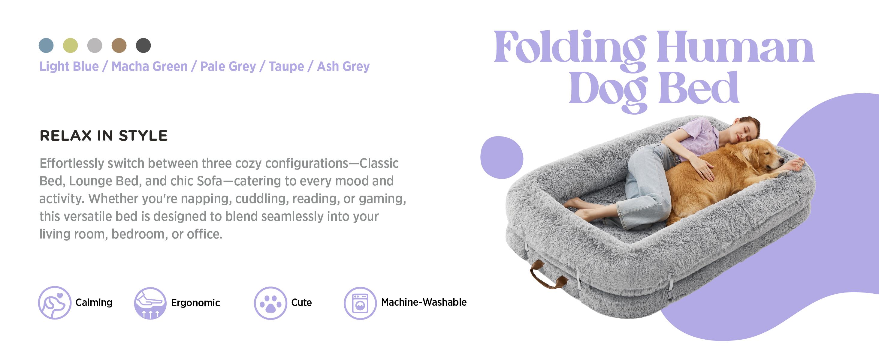 Lesure Luxury Warm Foldable 3-in-1 Flexible Giant Human Dog Bed Cozy Fluffy Faux Fur Lounge Sofa with Supportive Bolster Egg Foam Soft Plush Calming Orthopedic Bed for Comfort Classic Lounge Sofa Options