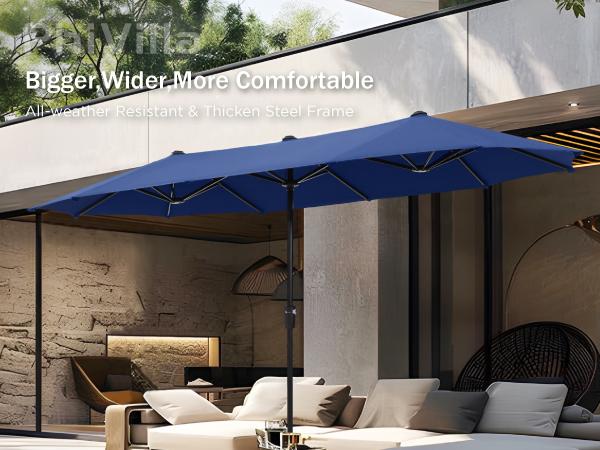 [SummerVibes] PHI VILLA 15 FT Large Outdoor Double-Sided Rectangle Umbrella with LED Lights & Crank Handle, Waterproof, Day & Night Use