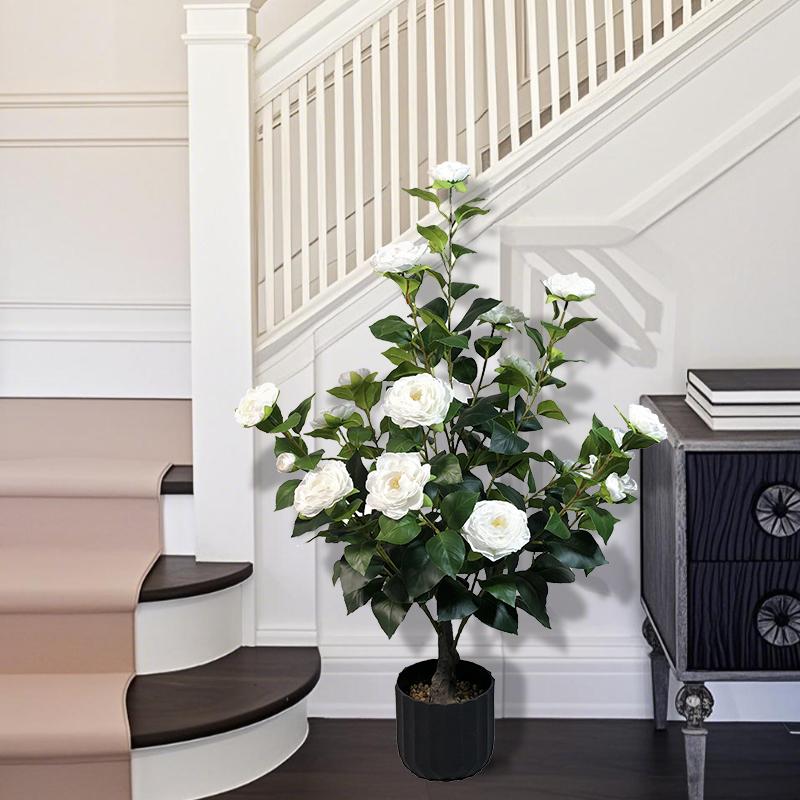 2 Pcs 3-foot Camellia Tree with Decorative Pebbles, Flower Pot, 24 Realistic Flowers, 188 Leaves for Indoor, outdoor courtyard Home Decor summerwins