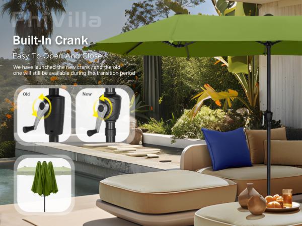 [SummerVibes] PHI VILLA 15 FT Large Outdoor Double-Sided Rectangle Umbrella with LED Lights & Crank Handle, Waterproof, Day & Night Use