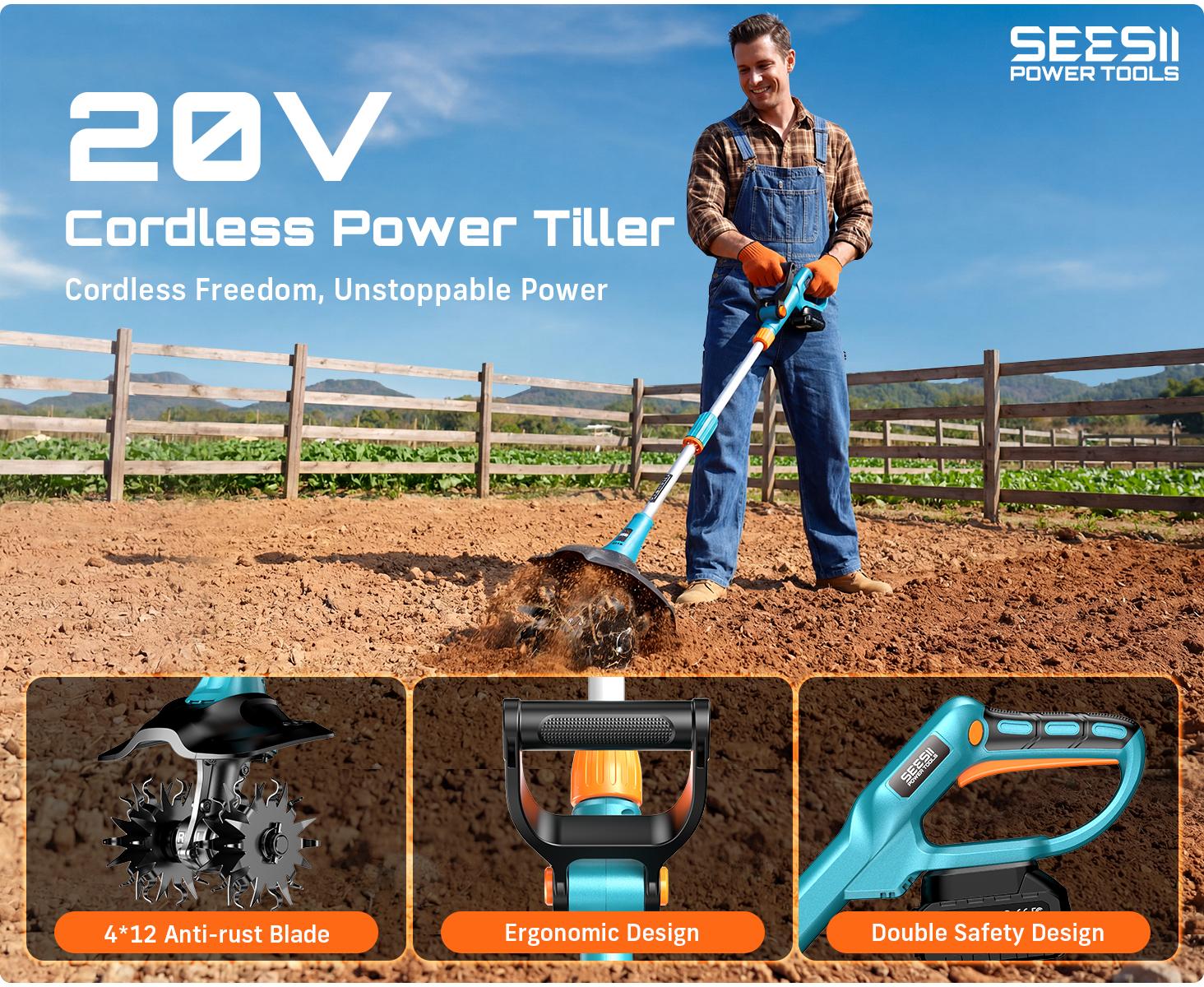 SEESII Electric Tiller for Gardening, 360 RPM Rototiller Cordless Cultivator, Total 8000mAh Battery Powered Garden Tiller 4 Pcs Blades for Smooth Tilling, Handheld Tiller for Raised Garden Beds Outdoorfun#fathersdaygift