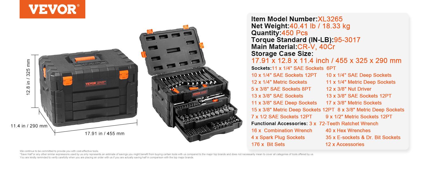 VEVOR Mechanic Tool Kit, 145/205/450-Pc Automotive Work Tools Set with 1/4"-3/8"-1/2" SAE & Metric Sockets, Storage Case, Vehicle Accessories, Cars Accessories & Car Stuff (Summervibes Line) VEVOR Mechanic Tool Kit, 145/205/450-Pc Automotive Work Tools Set with 1/4"-3/8"-1/2" SAE & Metric Sockets, Storage Case, Vehicle Accessories, Cars Accessories & Car Stuff (Summervibes Line)