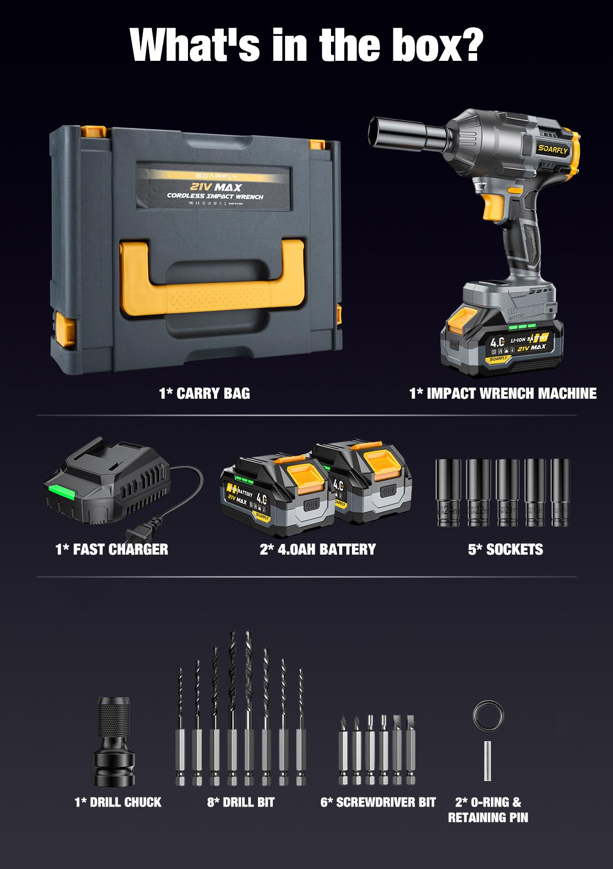 【Father's Day Gift】SOARFLY 1000NM Impact Wrench, 2x 4.0Ah Batteries, Fast Charger, 6 Screwdriver Bit, 8 Drill Bit, 6 Sockets, For Car, Trucks