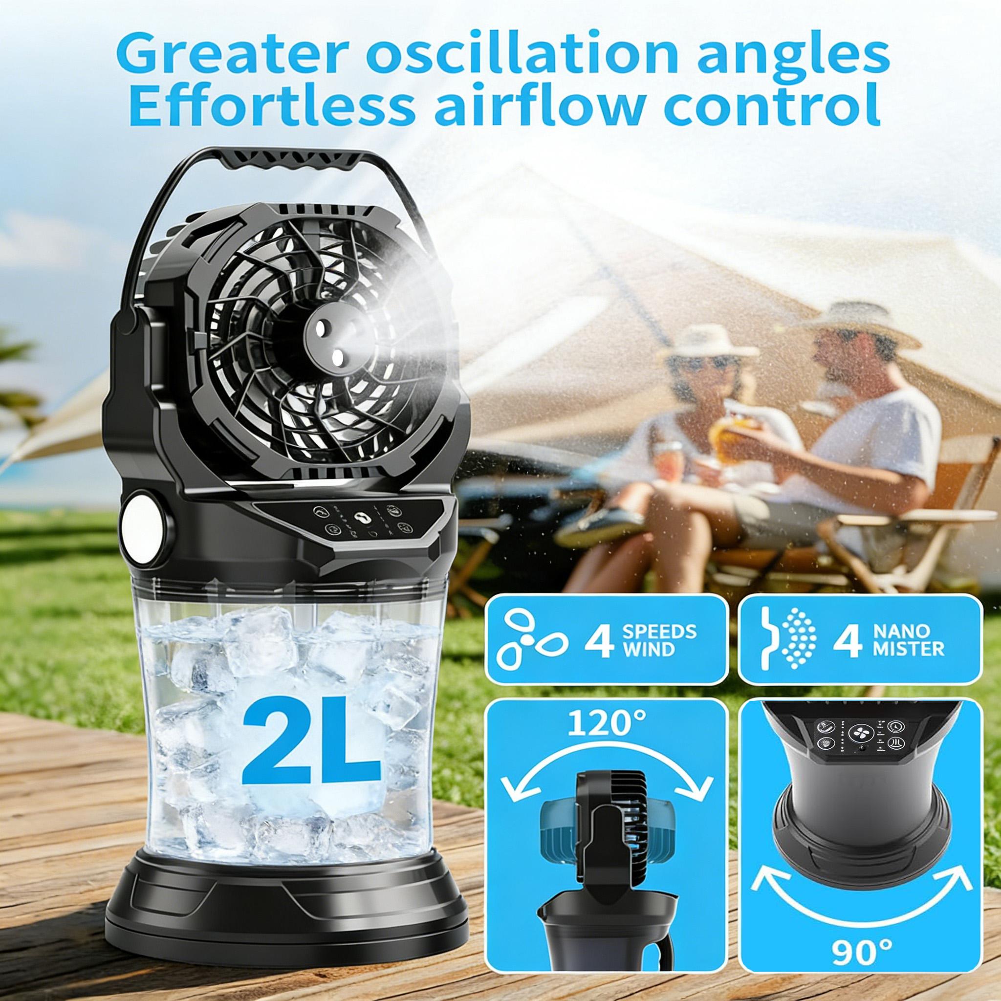 2026 New Portable Misting Fan with 38000mAh Rechargeable Battery, 120° Auto Oscillating Battery Powered Fan, 4 Speeds Spray Fan with LED ambient light for Camping, Patio, Outdoor/indoor, Travel (Black),Father's Day gift that won't collect dust