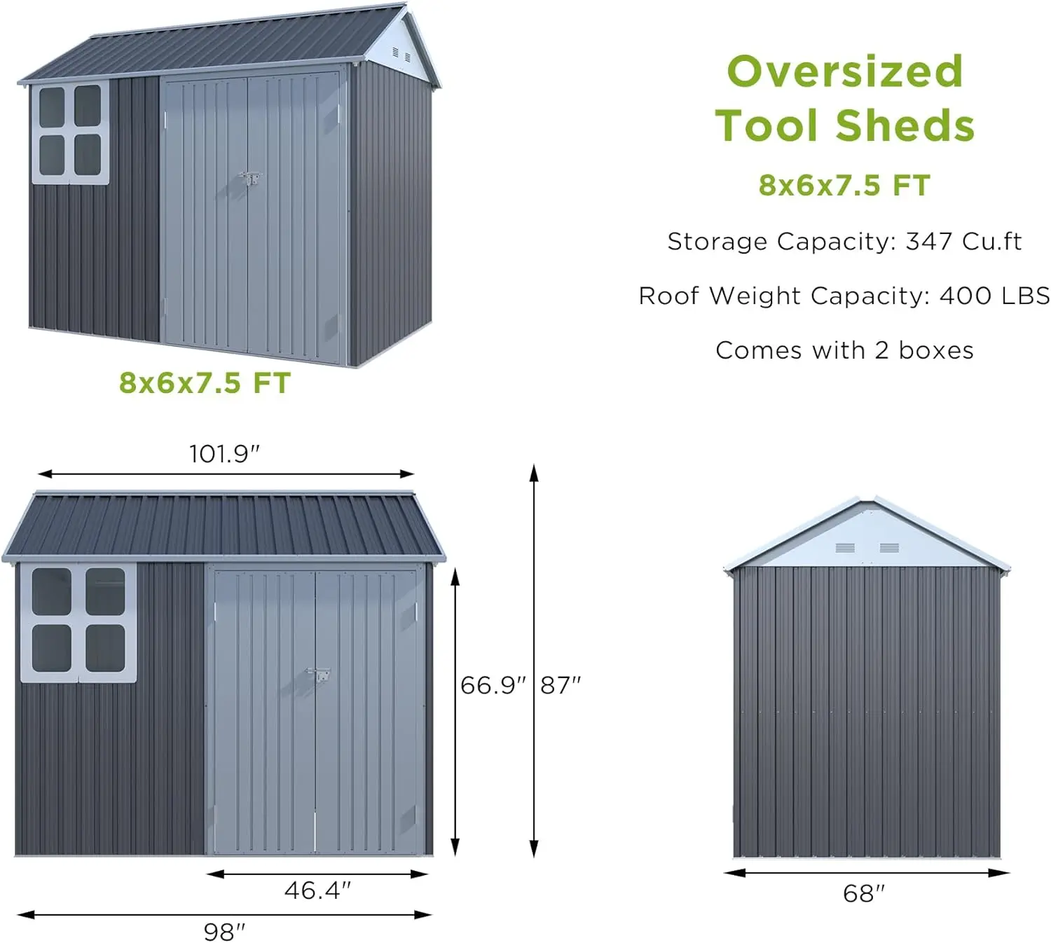 Shed 4-pane Window Nordic Cottage Storage Shed Outdoor Metal Garden House Double Hinged Lockable Doors for Backyard Garden Patio Lawn
