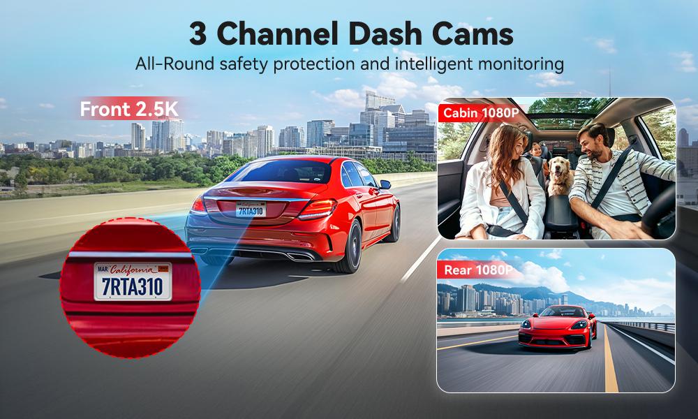 【FathersDayGift】REDTIGER A3 3 Channel WiFi Dash Cam Front and Rear Inside with 32G SD Card( No SD Card Option In A Better Deal ), 2.5K+1080P+1080P Car Dash Camera for CarsFront and Rear, G-Sensor, 24H Parking Mode, Car rvibe, Car VLOG