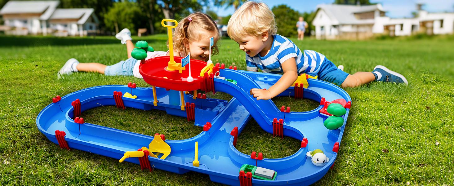 VATOS 2-Tier Water Table for Toddlers in Summer,100PCS DIY Waterways Playset with Pump for Outside Yard,Beach,Poolside Activity Sensory Play Table Addition for Kids Boys Girls Age 3 4 5 6 Year Old Summer Vibes