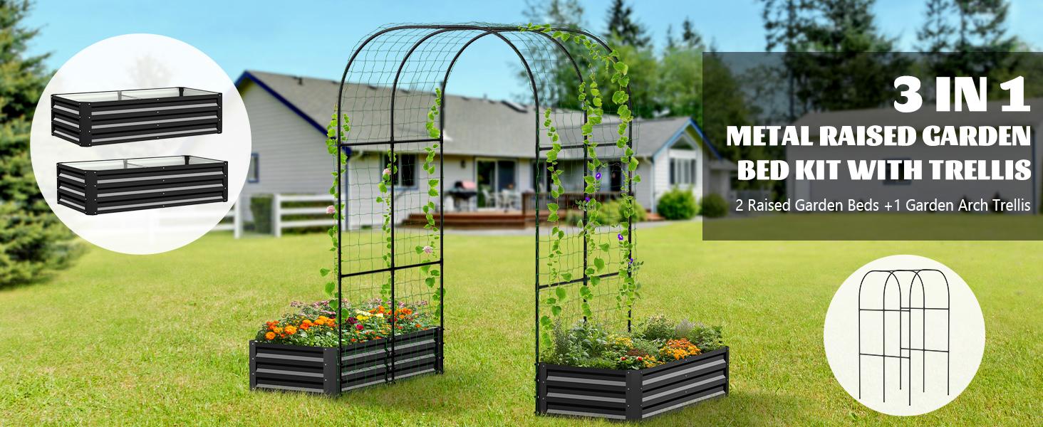 【Summervibes】Lilypelle 3-in-1 DIY Metal Raised Garden Bed with Arch Trellis, Wind-Resistant Heavy Duty Planter Box with Netting, Open Bottom Garden Bed for Climbing Plants Vegetables Flowers 【Summervibes】Lilypelle 3-in-1 DIY Metal Raised Garden Bed with Arch Trellis, Wind-Resistant Heavy Duty Planter Box with Netting, Open Bottom Garden Bed for Climbing Plants Vegetables Flowers