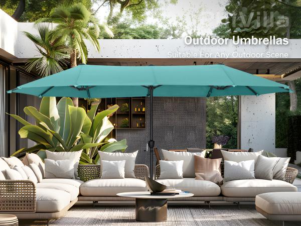 [SummerVibes] PHI VILLA 15 FT Large Outdoor Double-Sided Rectangle Umbrella with LED Lights & Crank Handle, Waterproof, Day & Night Use