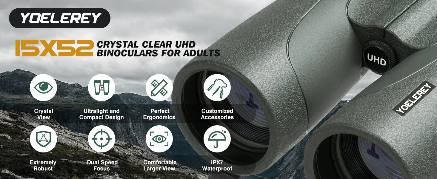 Yoelerey updated 15x52 UHD High Powered Long Range Binoculars, 23mm Large Eyepieces, BAK4 Prism for Low Light, Camping, Bird Watching, Essentials for Nature Lovers, High Powered Binoculars,father'sdaygifts Yoelerey updated 15x52 UHD High Powered Long Range Binoculars, 23mm Large Eyepieces, BAK4 Prism for Low Light, Camping, Bird Watching, Essentials for Nature Lovers, High Powered Binoculars,father'sdaygifts
