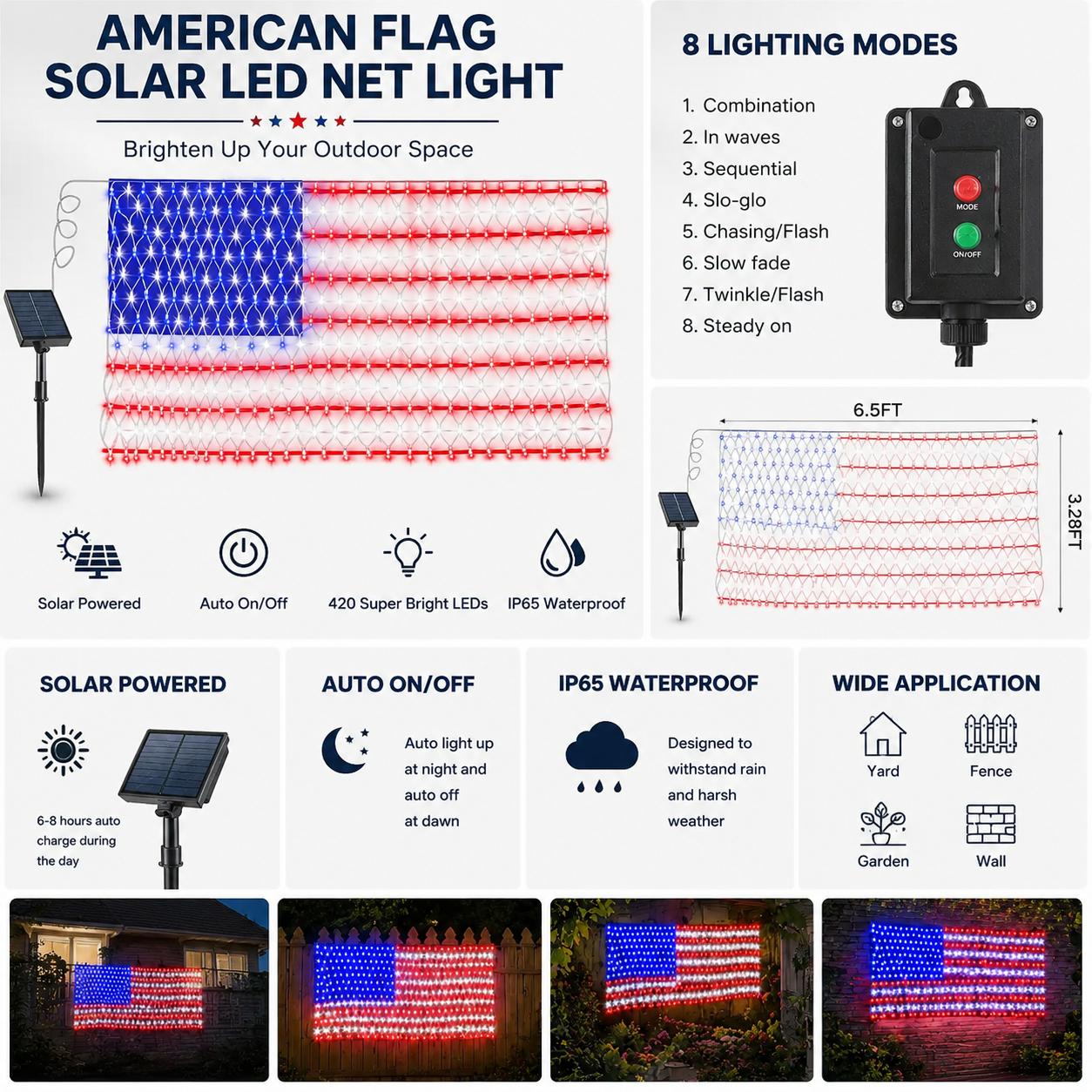 Solar American Flag Lights Outdoor American Flag Net Lights 6.5ft x 3.28ft Super Bright,Memorial Day Decorations of The United States for Independence/National/Memorial Day,July 4th Waterproof solar lights outdoor