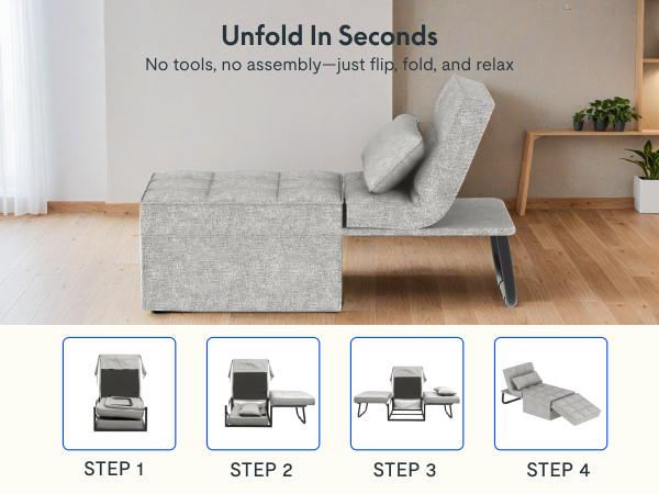 FLEXISPOT Convertible Sleeper Chair Sofa Bed - 5-Level Adjustable Backrest Multi-Function Upholstered Ottoman Futon, Adjustable Upholstered Couch, Furniture for Living Room (Grey, Beds Compatible)