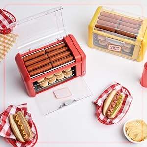 top down view of hot dog rollers, food on table top next to them