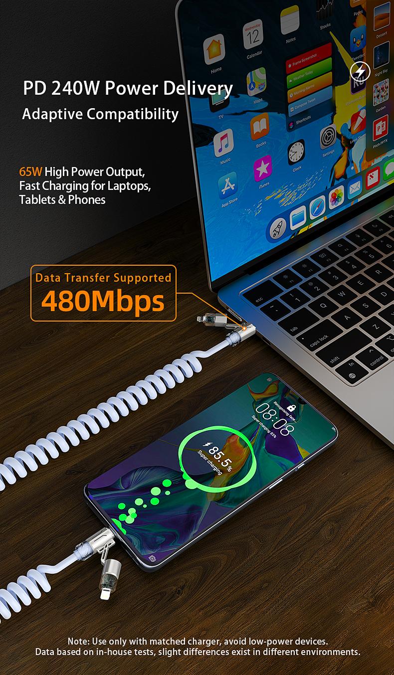 2026 Upgraded 240W Fast Charging Cable with RGB Light & Fragrance 4-in-1 Telescopic Spring Design 2m Length for iPhone Samsung Motorola CarHomeOffice Smartphone Cellphone Retractable Fast Charger Retractable Cord
