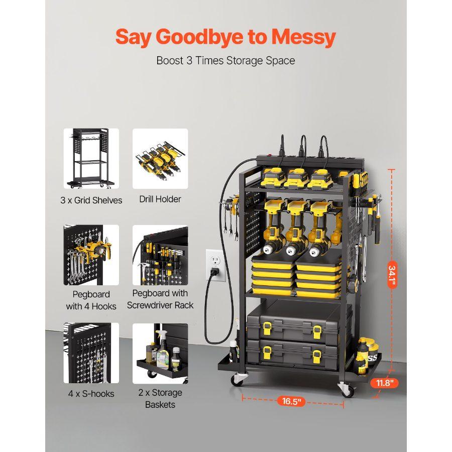 VEVOR 4-tier Tool Organizer Cart with Charging Station, 8 AC Outlet, Floor Stand Rolling Drill Holder and Tool Battery Storage Rack on Wheels, Garage Floor Rolling Storage Cart for Workshop, Garage VEVOR 4-tier Tool Organizer Cart with Charging Station, 8 AC Outlet, Floor Stand Rolling Drill Holder and Tool Battery Storage Rack on Wheels, Garage Floor Rolling Storage Cart for Workshop, Garage