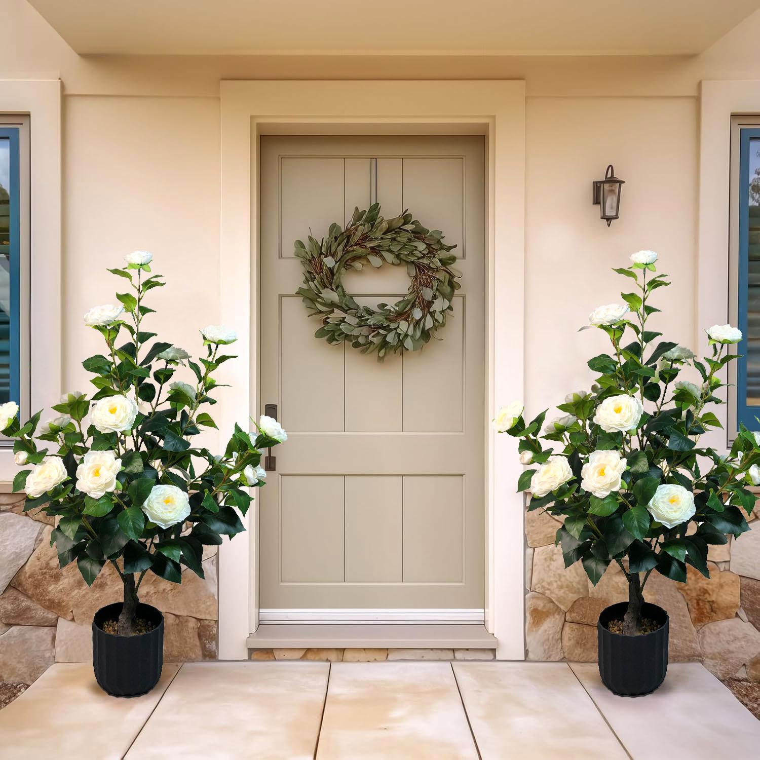 2 Pcs 3-foot Camellia Tree with Decorative Pebbles, Flower Pot, 24 Realistic Flowers, 188 Leaves for Indoor, outdoor courtyard Home Decor summerwins