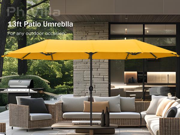 [SummerVibes] PHI VILLA 15 FT Large Outdoor Double-Sided Rectangle Umbrella with LED Lights & Crank Handle, Waterproof, Day & Night Use