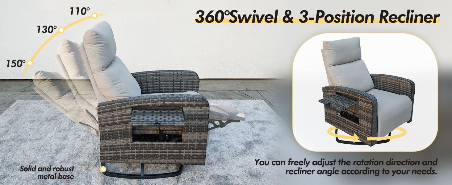 ZZWHOM PE Wicker Recliner Chair with Side Table – 1/2 PCS Set, Outdoor Patio Chair with Reclining Back, Swivel & Non-Swivel Options Available, All-Weather Resin Wicker Chair for Balcony Backyard Poolside