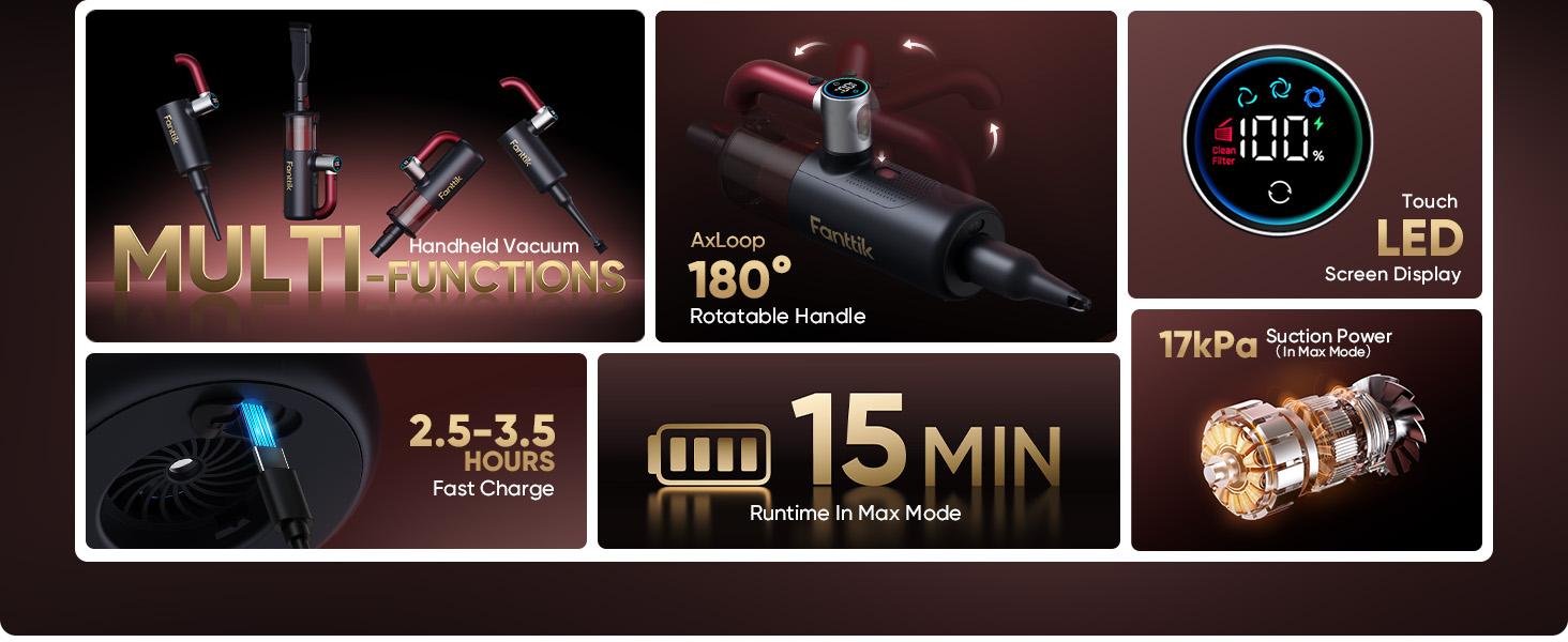 【FathersDayGift】Fanttik Cruise V11 APEX Handheld Vacuum Cordless, 4-in-1 Vacuum Cleaner with 180° Rotatable Handle, 145W Brushless Motor, LED Touch Screen, 3 Suction Modes for Home Corners, Kitchen, Car, Crevices Summervibes, Rechargeable Cordless, Cars A