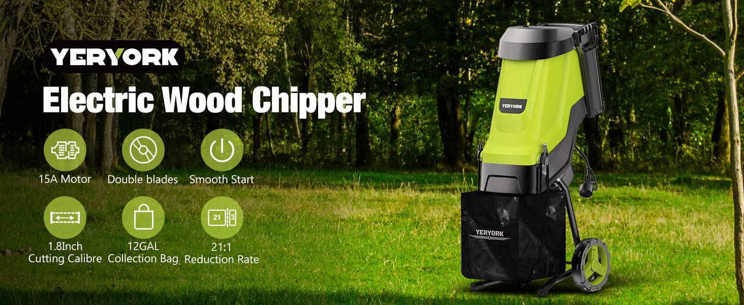 15-Amp Wood Chipper & Shredder, with 1.8" Feed Hopper, 45L Collection Bag, for Yard Waste, Branches, and Leaves.