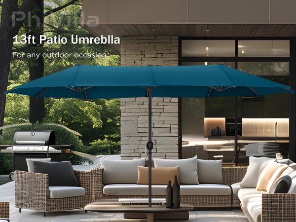 [SummerVibes] PHI VILLA 15 FT Large Outdoor Double-Sided Rectangle Umbrella with LED Lights & Crank Handle, Waterproof, Day & Night Use