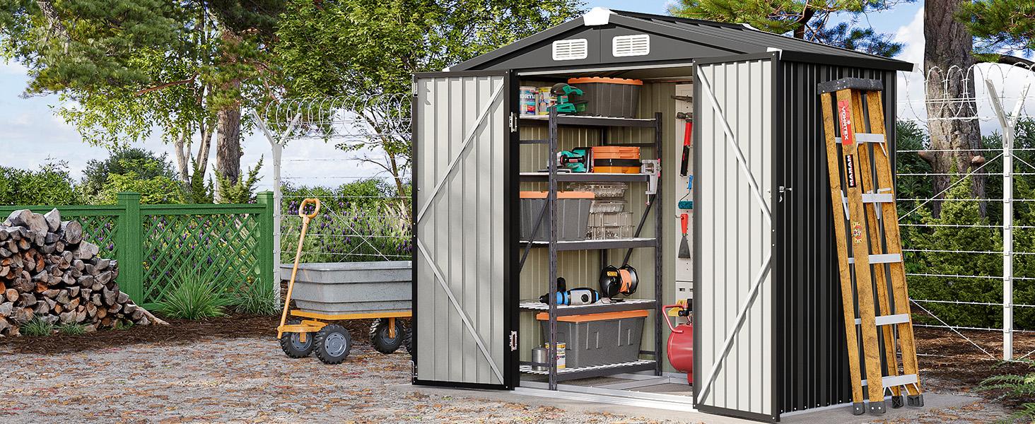 Aoxun Outdoor Storage Shed Metal Garden Tool Shed with Sloping Roof Lockable Door for Patio Lawn Backyard Black Organizer for Garden Tools & Shelf Organization Aoxun Outdoor Storage Shed Metal Garden Tool Shed with Sloping Roof Lockable Door for Patio Lawn Backyard Black Organizer for Garden Tools & Shelf Organization