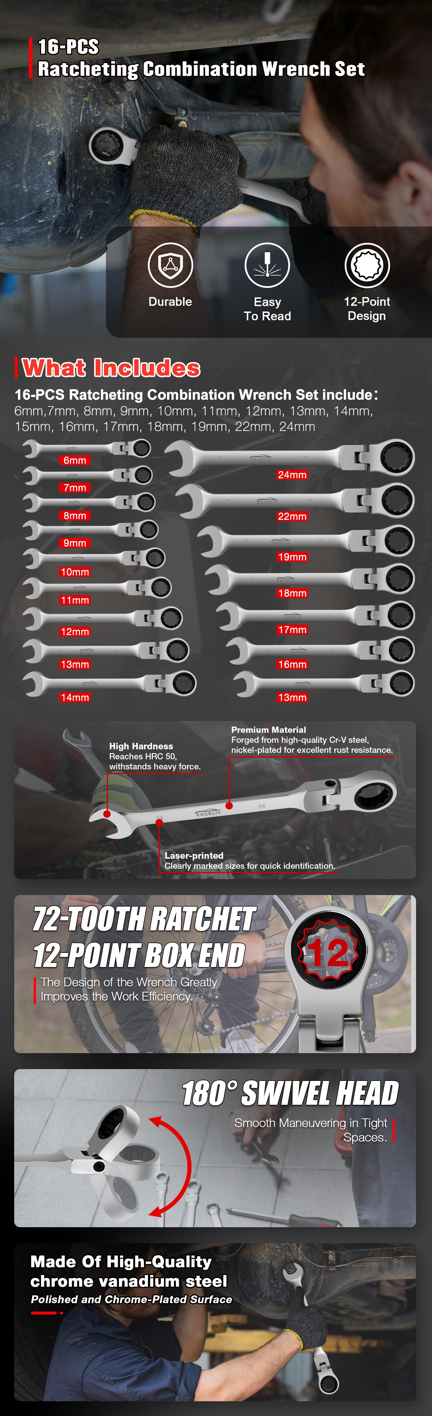 Fathersdaygift 16PCS Flex-Head Ratcheting Wrench Set, Combination Wrench Set, Metric 6-24mm, 72-Tooth, CR-V Steel, with Rolling Pouch Fathersdaygift 16PCS Flex-Head Ratcheting Wrench Set, Combination Wrench Set, Metric 6-24mm, 72-Tooth, CR-V Steel, with Rolling Pouch