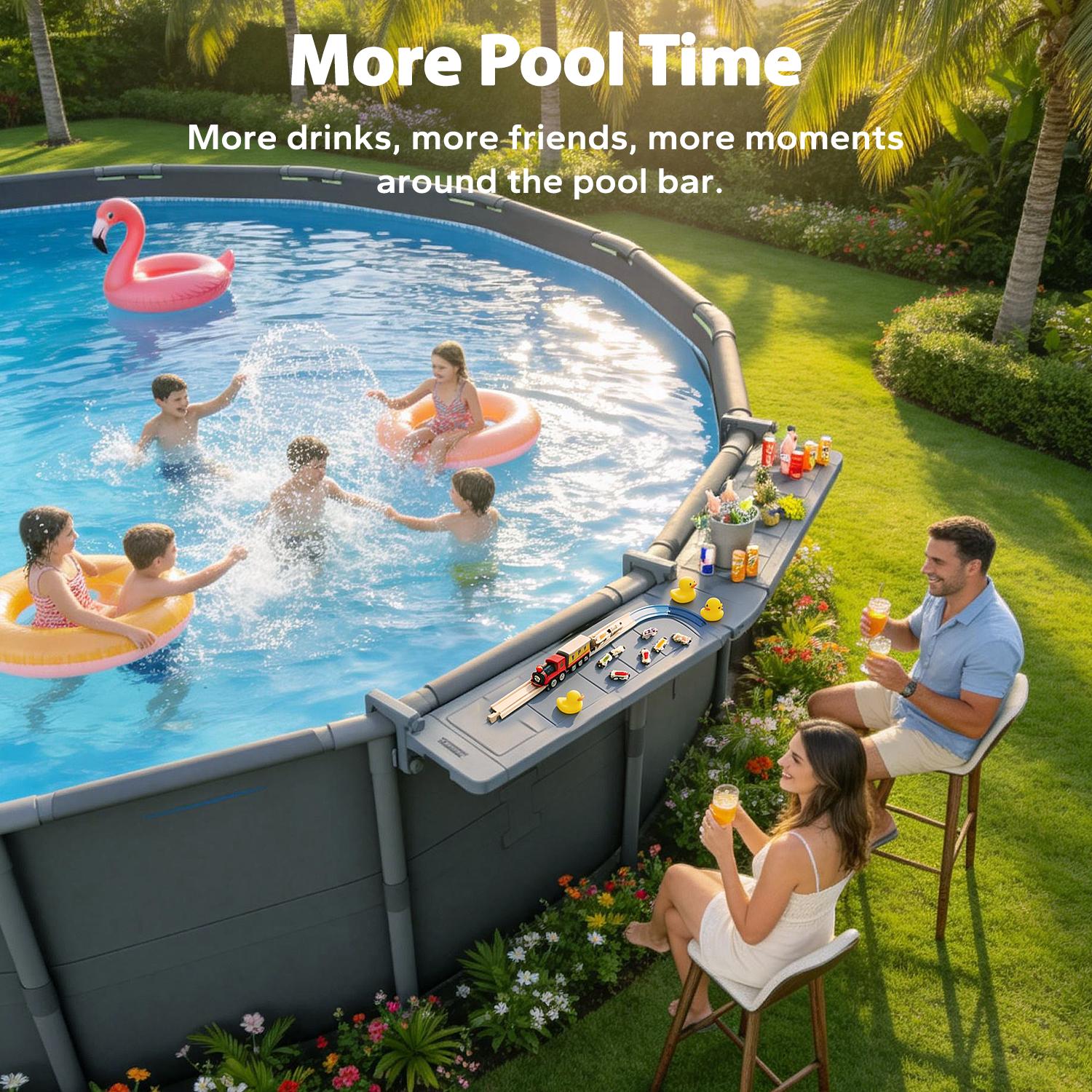 Poolside Bar, Swim Up Bar Exclusively for Above-Ground【Round & Oval 】 Pools. Patio Poolside Table Smart Fold Easy Maintenance, Weather Resistant Stable Tabletop