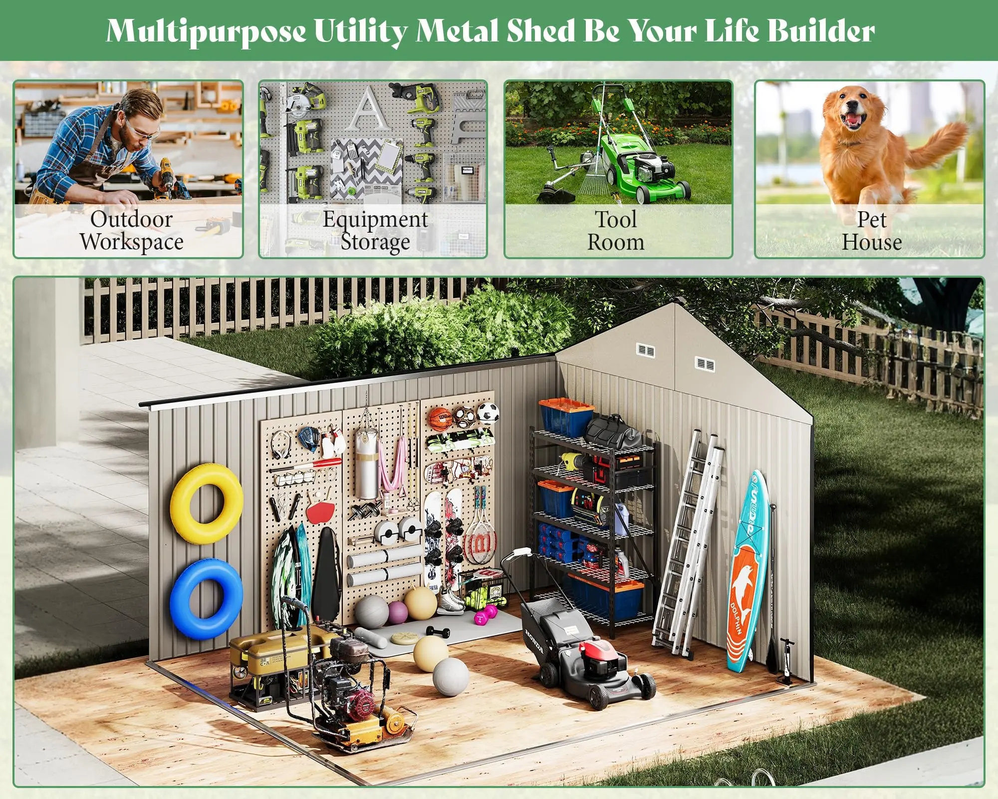 Shed 4-pane Window Nordic Cottage Storage Shed Outdoor Metal Garden House Double Hinged Lockable Doors for Backyard Garden Patio Lawn