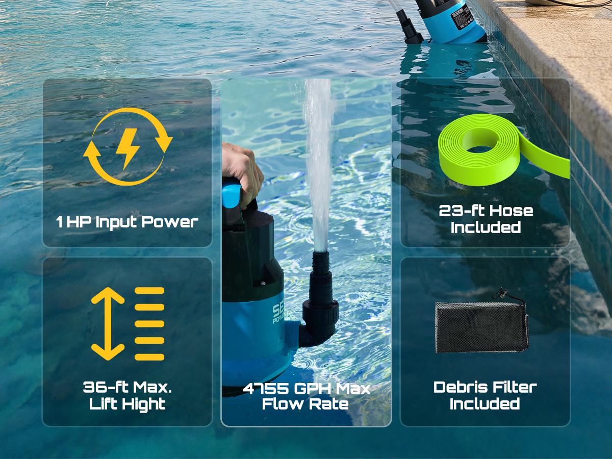【FathersDay Gift】SEESII 1HP Submersible Water Pump, 4755GPH High Flow Sump Pump with 23ft Hose Kit, Anti-Clogging Filter Net for Swimming Pool Hot Tub Pond Basement Rooftop Garden Water Removal fathersdaygift 【FathersDay Gift】SEESII 1HP Submersible Water Pump, 4755GPH High Flow Sump Pump with 23ft Hose Kit, Anti-Clogging Filter Net for Swimming Pool Hot Tub Pond Basement Rooftop Garden Water Removal fathersdaygift