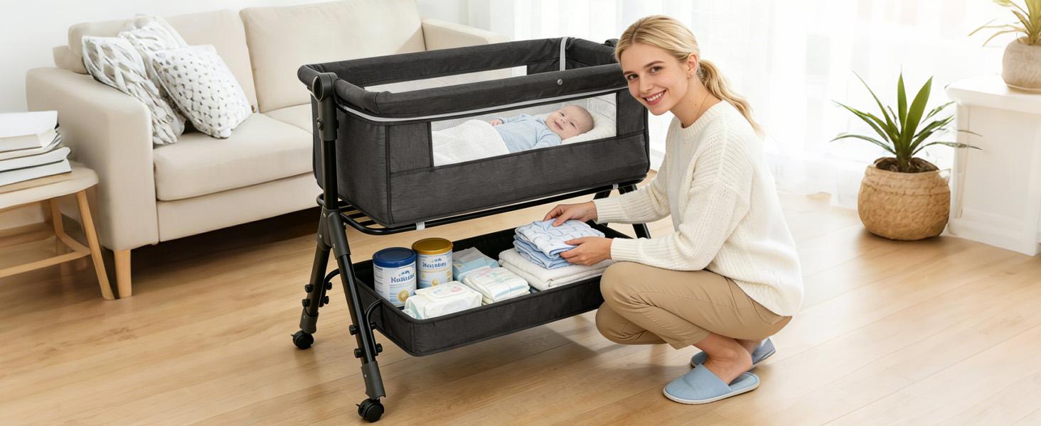 Baby Bassinet,  Crib for Infant and Newborn, Bedside Sleeper with Storage Basket and Mosquito Net, Easy to Fold, Height Adjustable, Portable Side Bed Crib portable Baby Furniture