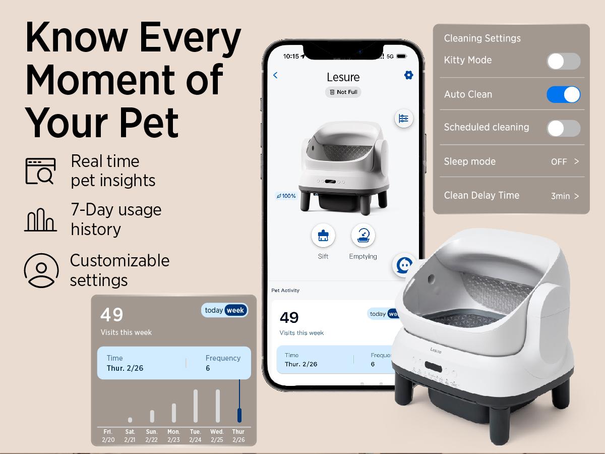 Lesure Self Cleaning Litter Box - Open-Top Automatic Cat Litter Box with APP Control & Anti-Pinch Sensor, for 3.3~18 lbs Cats, Odor Control, Includes 2 Sifters & 1 Roll Waste Bags