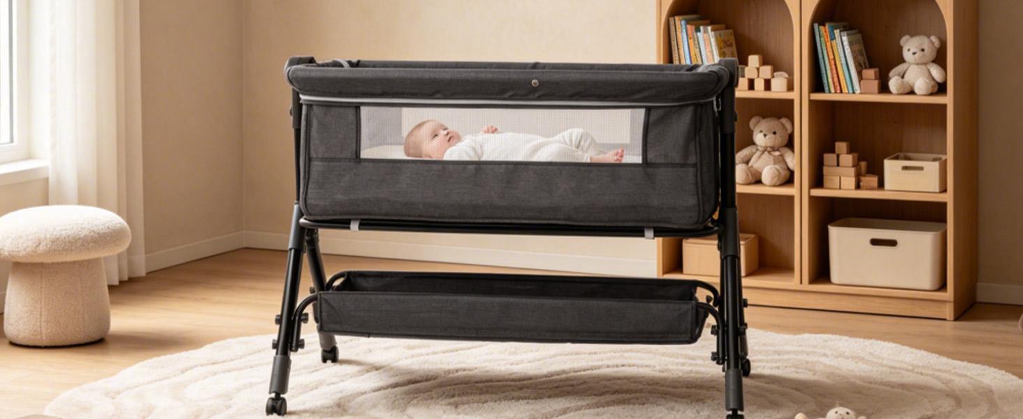 Baby Bassinet,  Crib for Infant and Newborn, Bedside Sleeper with Storage Basket and Mosquito Net, Easy to Fold, Height Adjustable, Portable Side Bed Crib portable Baby Furniture
