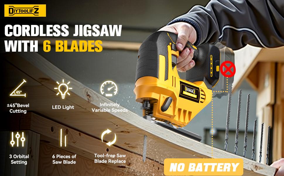Cordless Jigsaw Compatible with Dewalt 20v Battery(NO Battery!!), Jig Saw Tool Brushless,2900RPM,0&deg;-45&deg;Bevel,3 Orbital Action,LED Light for Straight/Curve Cutting