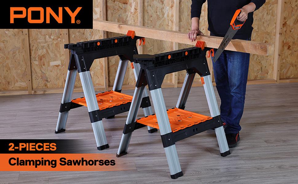 #Summervibes PONY 2-Pack Clamping Sawhorses, 1200 LBS Load Capacity, 30-3/4" Folding Sawhorse with 12&rdquo; F Clamps, Bench Dogs, Angle Clamps, 2" Spring Clamps, Steel Legs, Heavy Duty for Woodworking