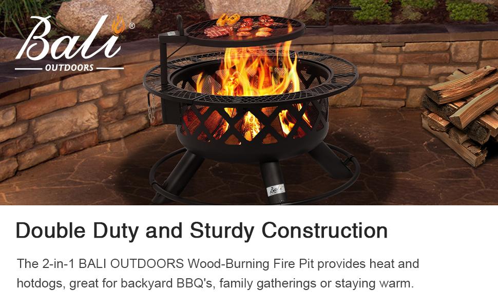 Memorial Day Sales BALI OUTDOORS 2-in-1 Wood Burning Fire Pit with Removable Cooking Grill Black Ultra-Durable Iron Grate 360-Degree Rotation Adjustable Height for Heating and BBQ Christmas gift