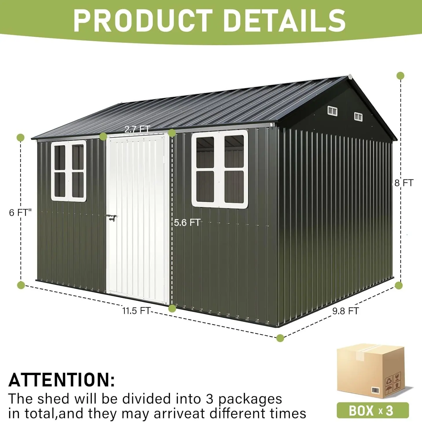 Shed 4-pane Window Nordic Cottage Storage Shed Outdoor Metal Garden House Double Hinged Lockable Doors for Backyard Garden Patio Lawn