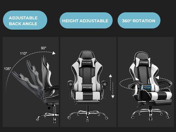 GTPLAYER PU Leather Computer Gaming Chair - Ergonomic 360° Swivel Office & Man Cave Furniture with Padded Arms, Footrest, Lumbar Support, Headrest, Height Adjustment (Pearl White)