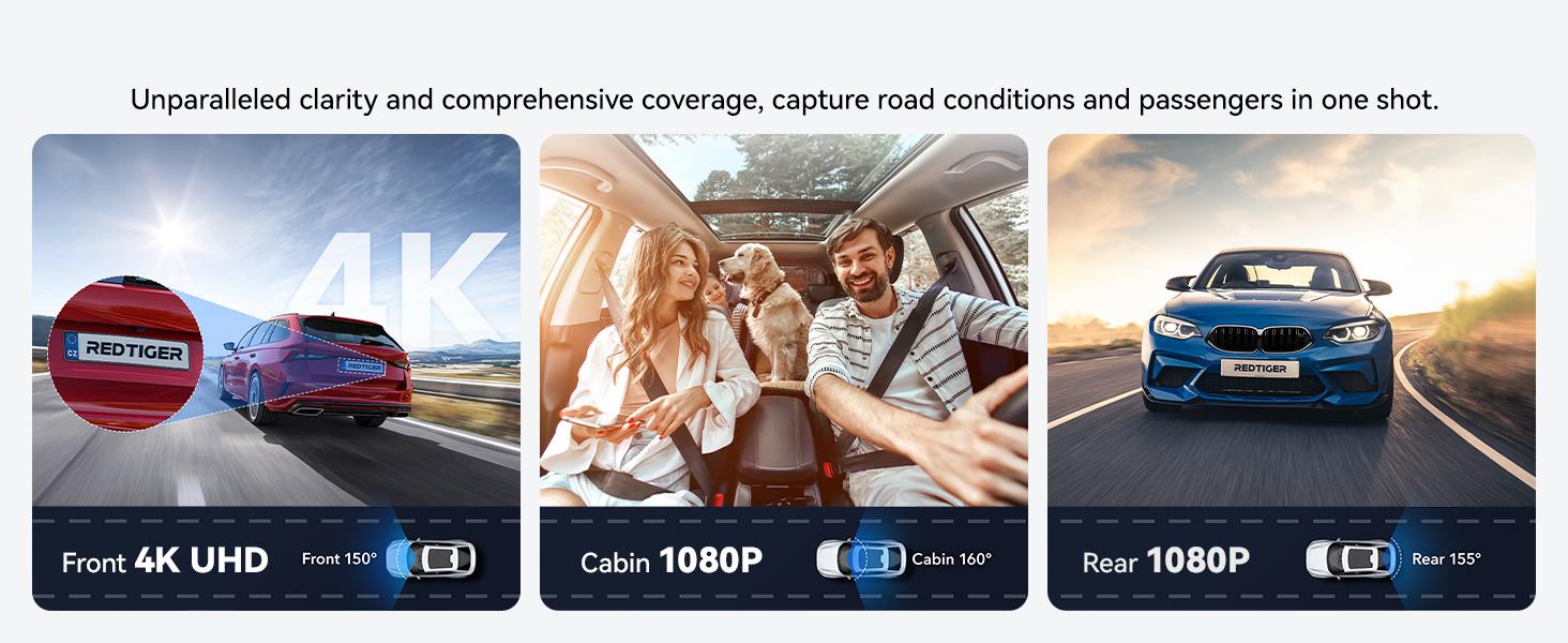 REDTIGER F17 4K 3-Channel Dash Cam with 5GHz WiFi GPS, 64GB Card, 2160P+1080P+1080P Cameras, IR Night Vision, Parking Mode, Car rvibes, Car VLOG, Summervibes