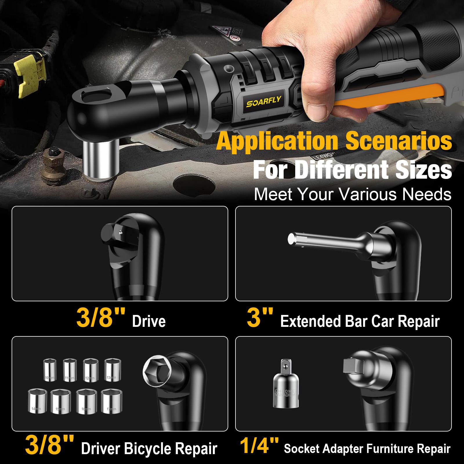 【Father's Day Gift】SOARFLY 3/8" Electric Ratchet, 250RPM, 2 x 21V Batteries, With Variable Speed, 8 Sockets, 1/4" and 1/2" Adapter, 3" Extension Bar 【Father's Day Gift】SOARFLY 3/8" Electric Ratchet, 250RPM, 2 x 21V Batteries, With Variable Speed, 8 Sockets, 1/4" and 1/2" Adapter, 3" Extension Bar
