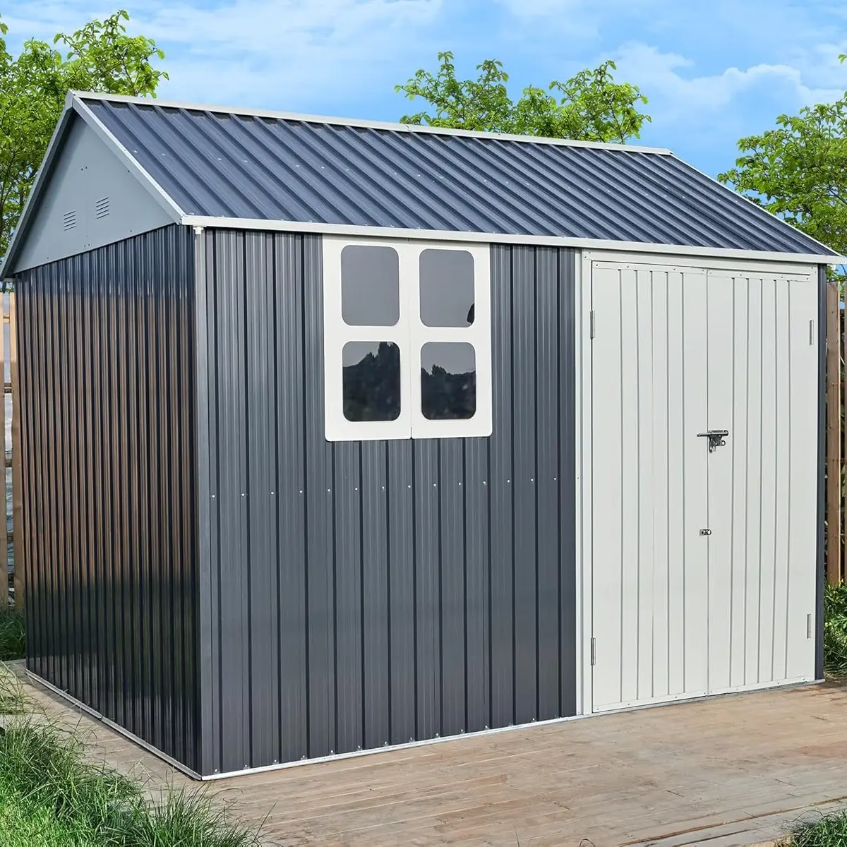 Shed 4-pane Window Nordic Cottage Storage Shed Outdoor Metal Garden House Double Hinged Lockable Doors for Backyard Garden Patio Lawn