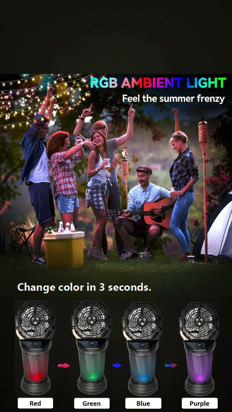 2026 New Portable Misting Fan with 38000mAh Rechargeable Battery, 120° Auto Oscillating Battery Powered Fan, 4 Speeds Spray Fan with LED ambient light for Camping, Patio, Outdoor/indoor, Travel (Black),Father's Day gift that won't collect dust