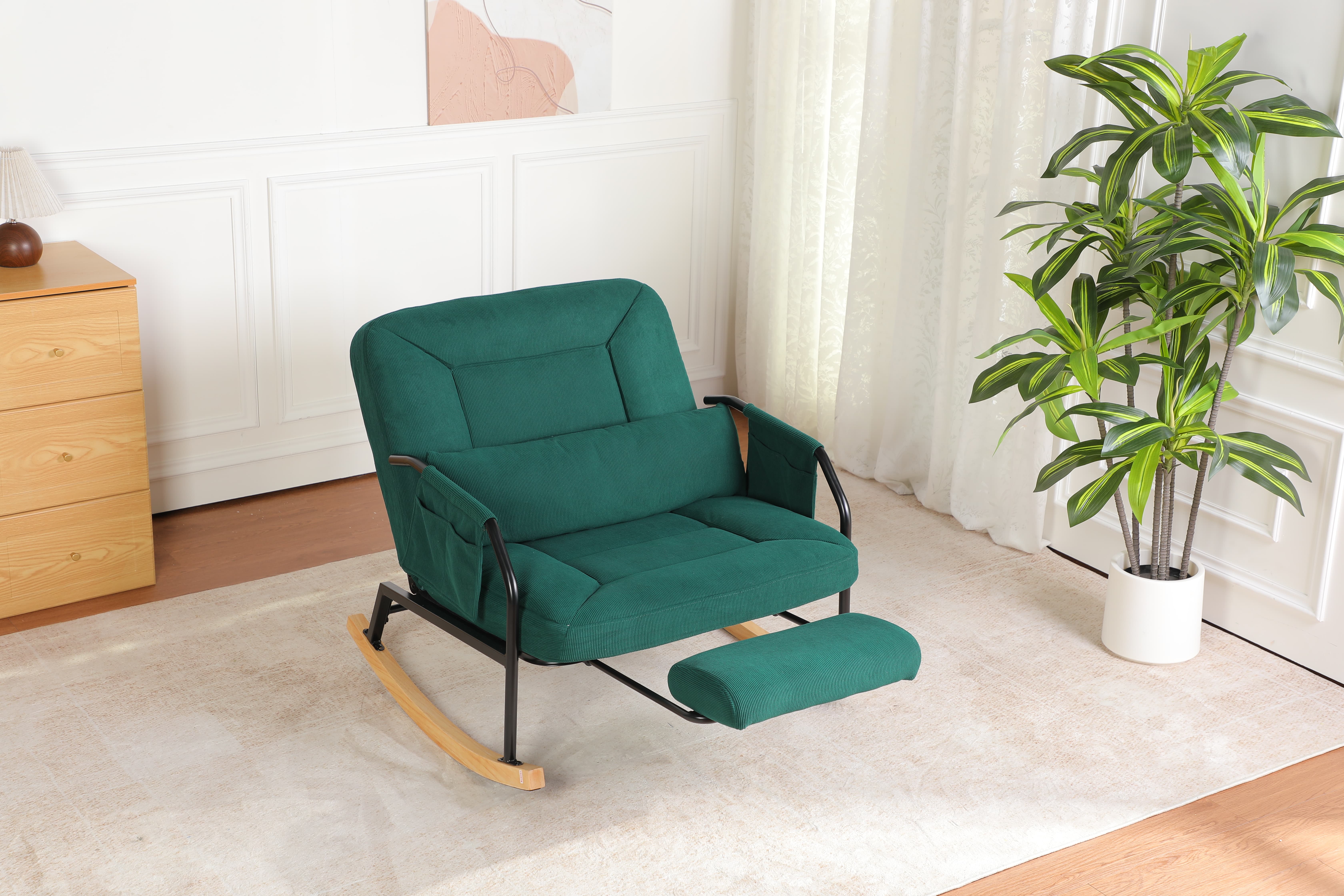 [Summervibes] Roomy Nursery Rocking Chair with Corduroy Fabric, Spacious Mom's Nursing Rocking Armchair, Modern Comfortable Angle-Adjustable High-Back Rocker with Side Pocket and Footrest, Suitable for Living Room, Bedroom, Nursery