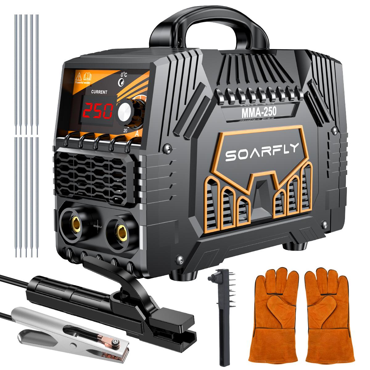 SOARFLY 110/220V 250A Welder Machine With Large LED Display, 5000 Watt Mini-Welder With Electrode Clamps, Earth Clamp, Wire Brushes, Rods And Gloves SOARFLY 110/220V 250A Welder Machine With Large LED Display, 5000 Watt Mini-Welder With Electrode Clamps, Earth Clamp, Wire Brushes, Rods And Gloves